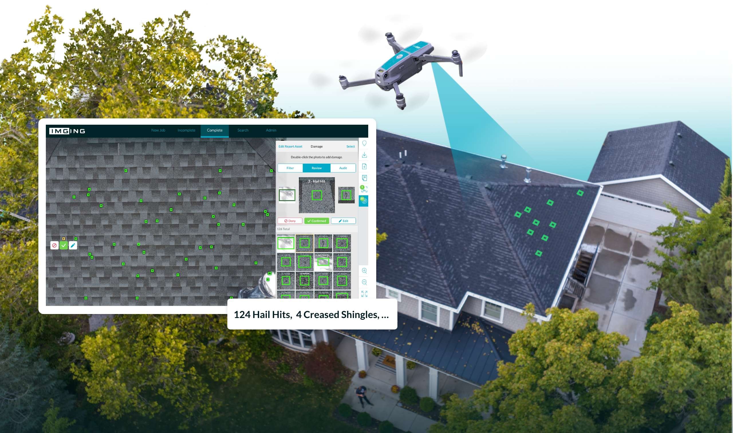IMGING AI damage detection report for a Forsyth roof showing flagged hail hits and damage areas