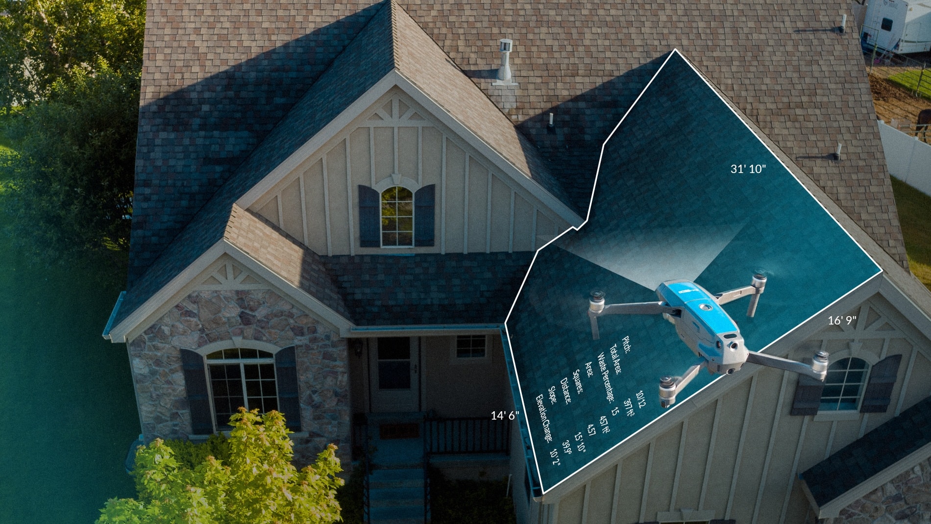 Aerial drone view of Forsyth residential roof with precise facet measurements overlaid